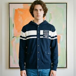 Parish Nation Navy Blue & Cream Button Down Cardigan Hoodie - Chest Insignia - L